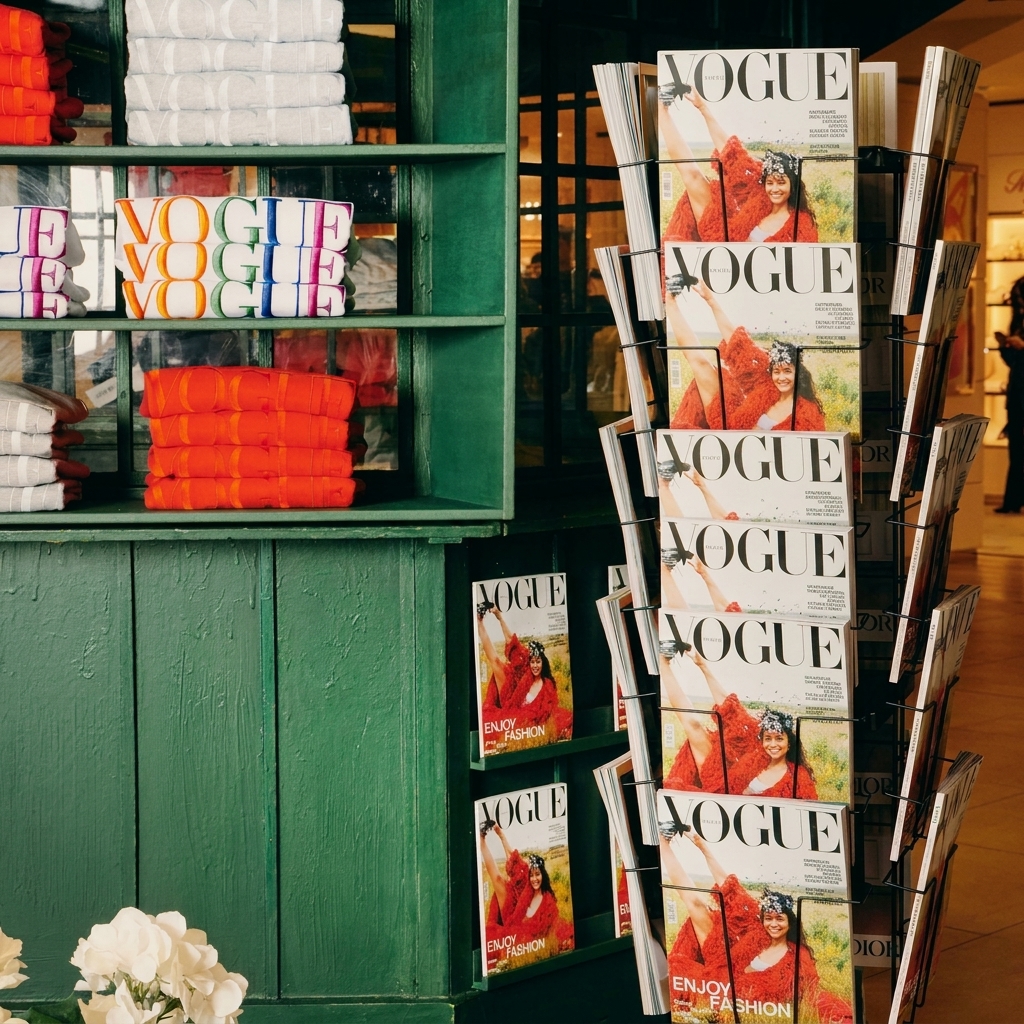Vogue magazines displayed on racks in a boutique
