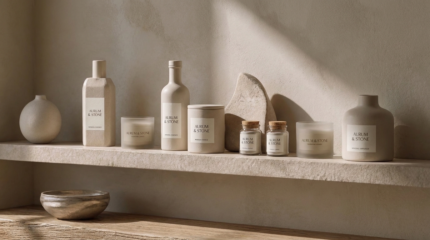 Aurum & Stone home fragrance and decor arranged on a stone shelf