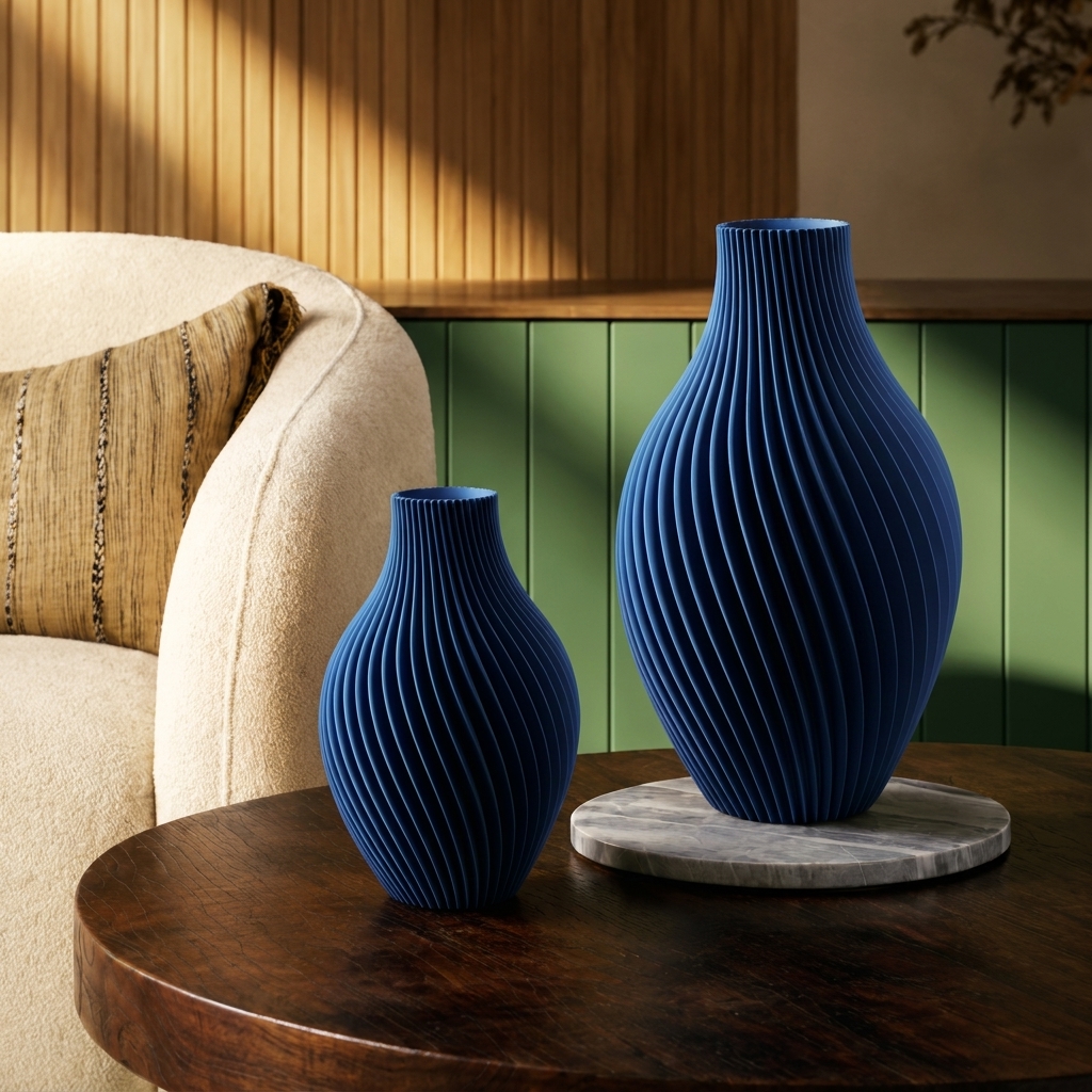 Two sculptural blue vases on a marble tray atop a wooden table