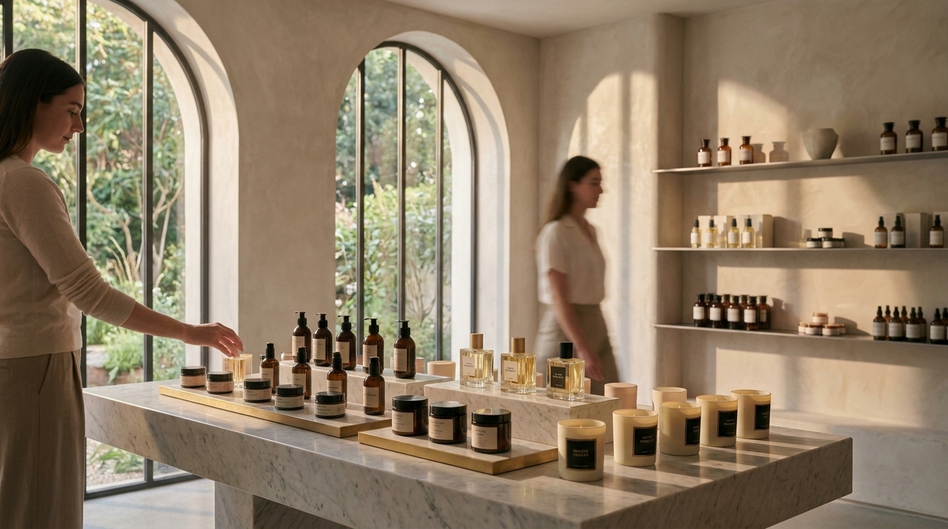 Boutique interior displaying curated luxury beauty products