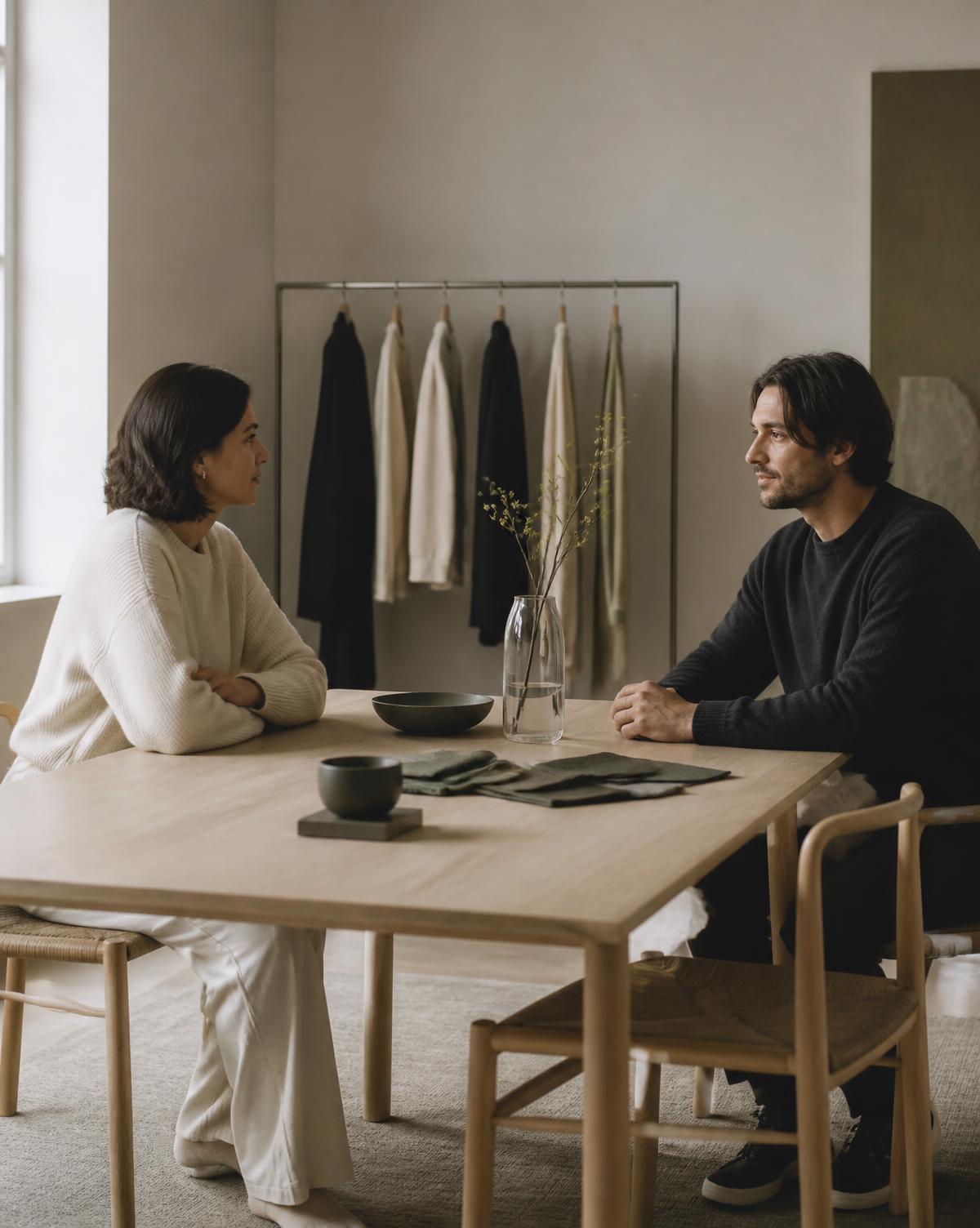 Two people reviewing product samples in a minimal showroom