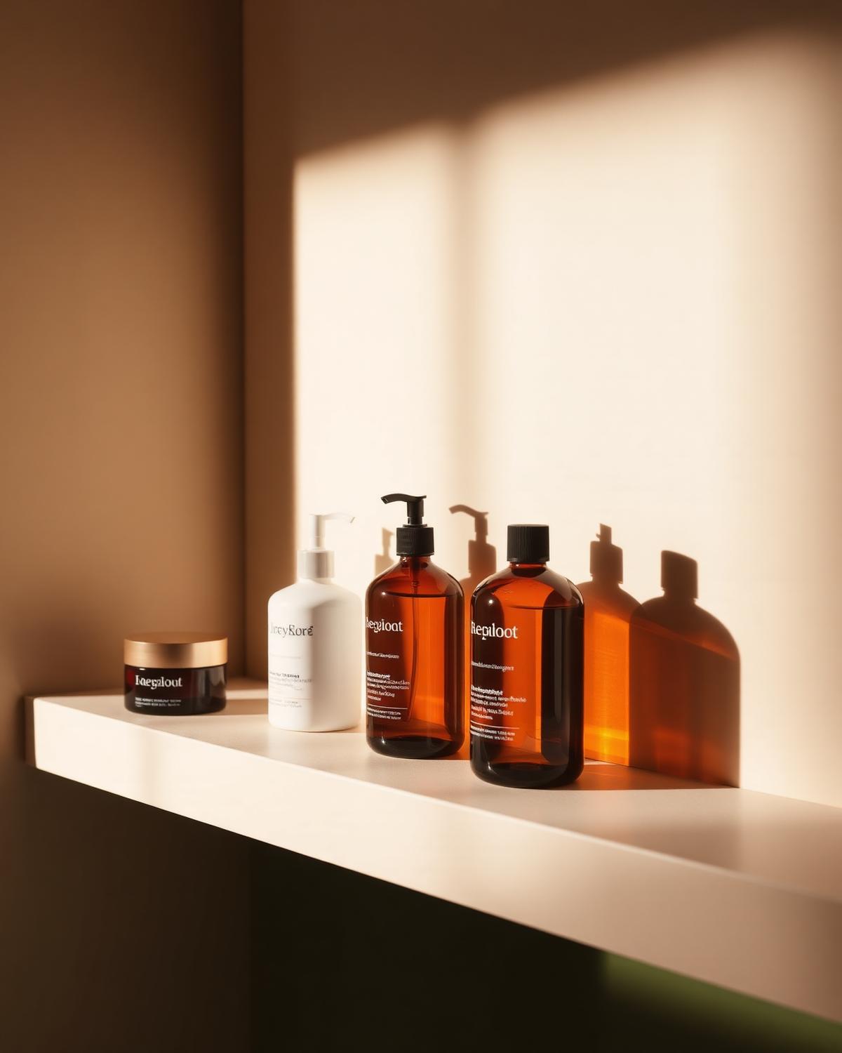 Amber glass skincare bottles on a plaster ledge