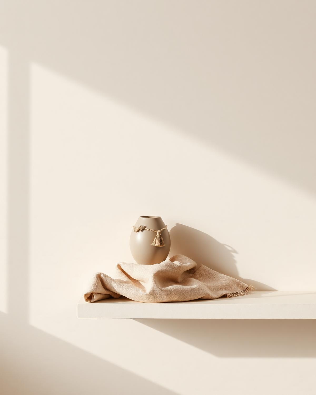 Home decor vignette on a cream shelf