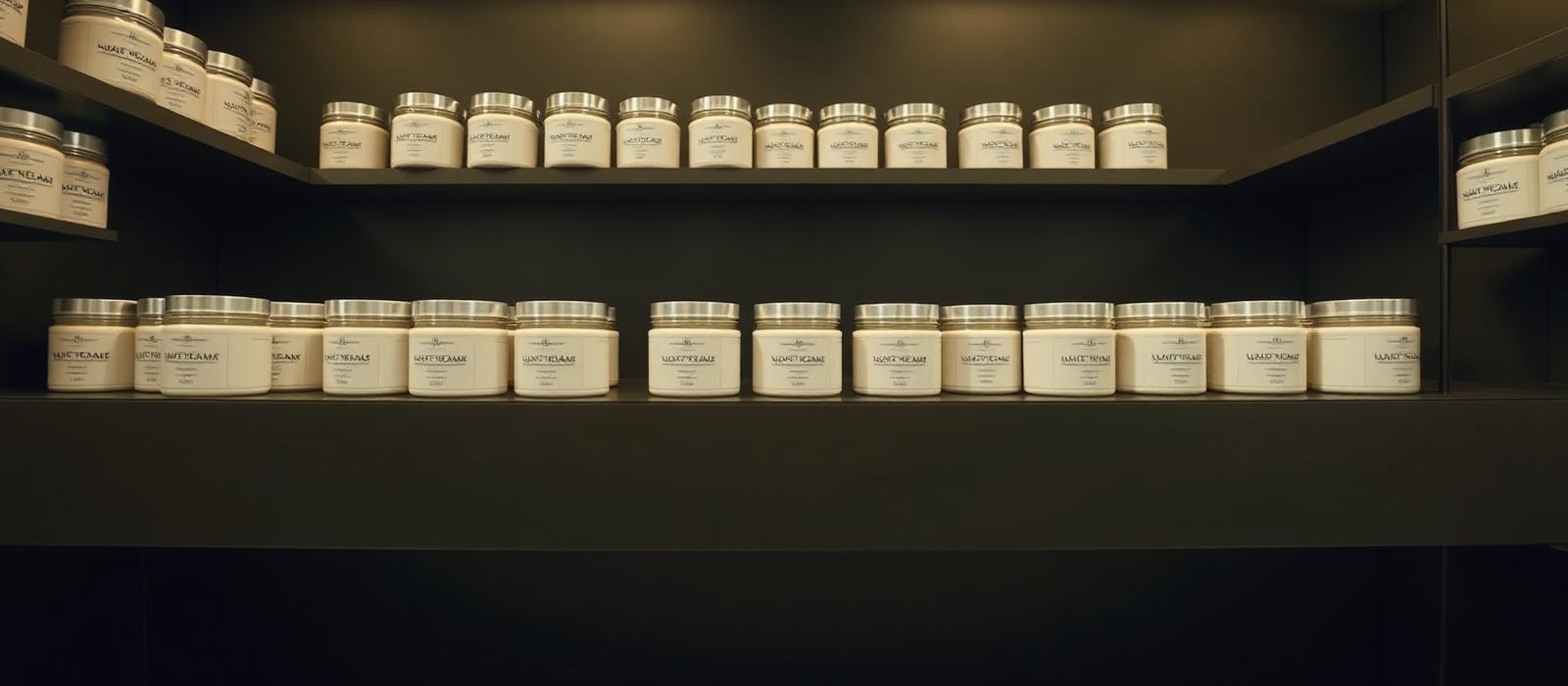 Rows of wellness product jars on a retail shelf