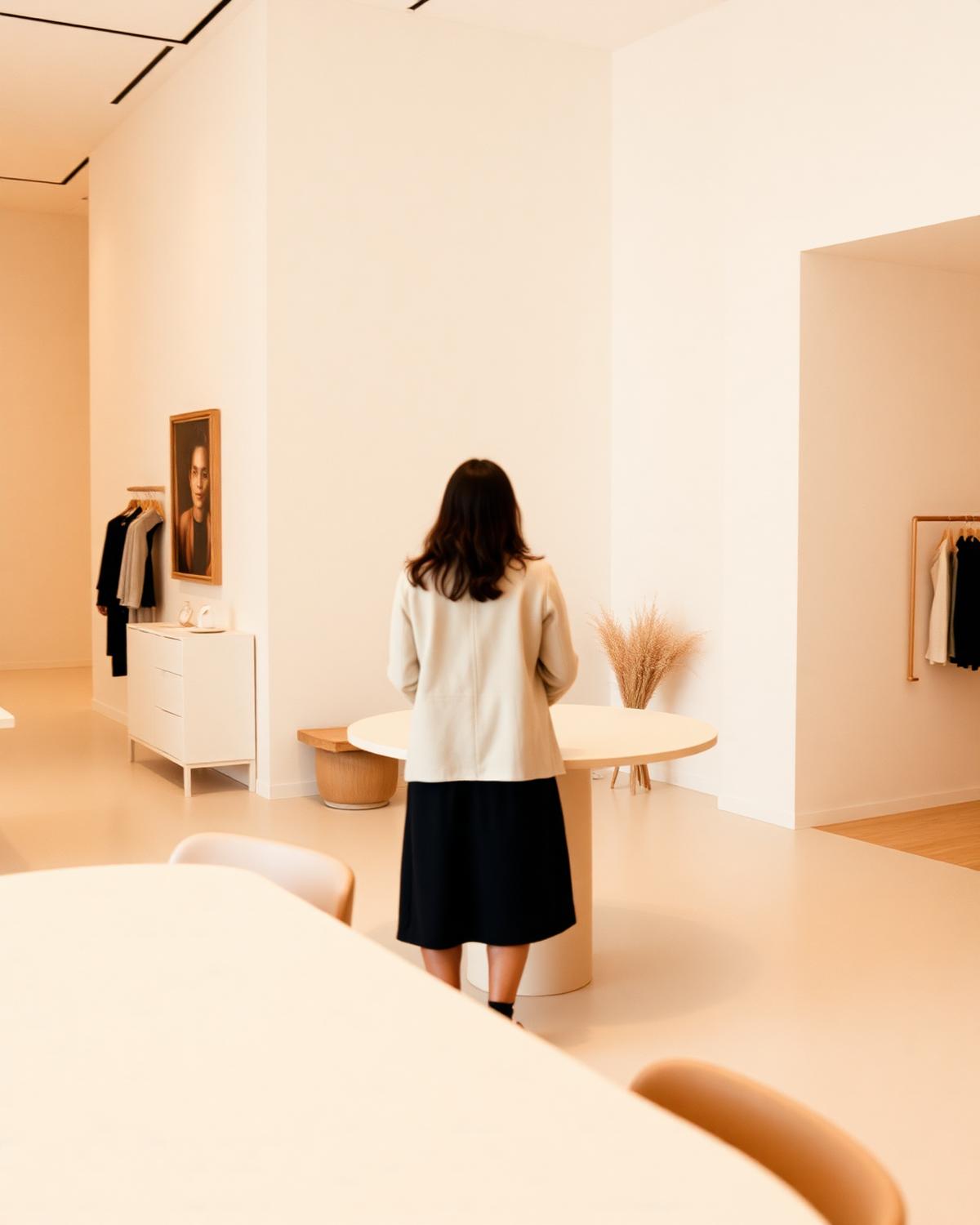 Conversation across a pale table in a bright showroom